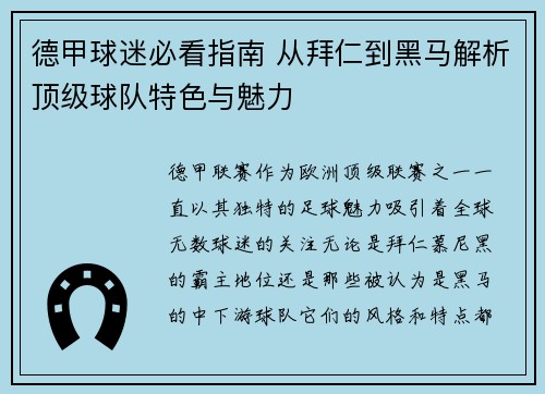 德甲球迷必看指南 从拜仁到黑马解析顶级球队特色与魅力